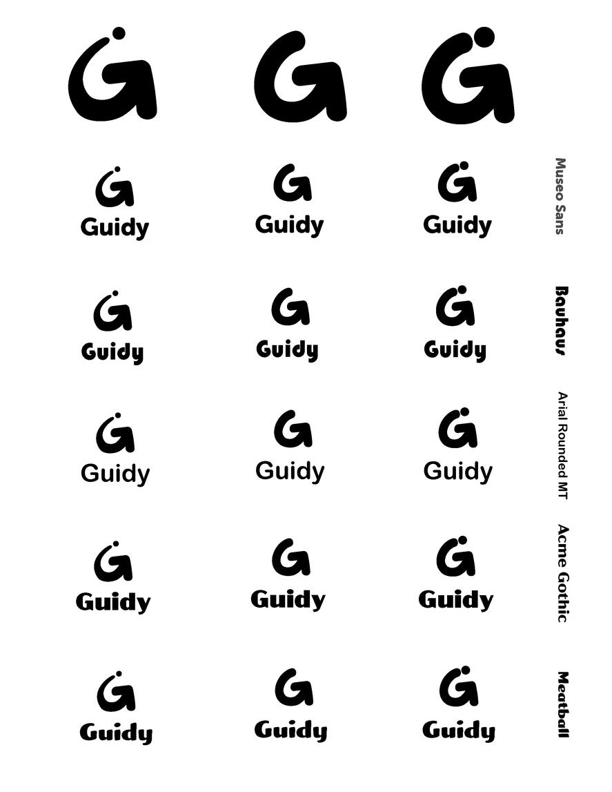 Nine sets of the letter "G" in various font styles, paired with the word "Guidy" below each, arranged in a three-by-three grid. The right side features a vertical list identifying the font styles as Museo Sans, Bauhaus, Arial Rounded MT, Acme Gothic, and M