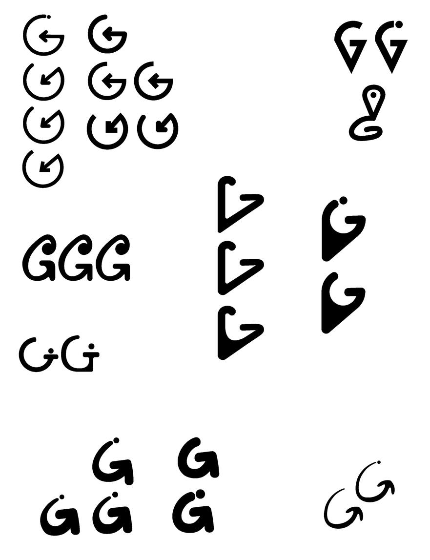 Black and white graphic design of various stylized letter "G" designs, including curved shapes, arrows, and dots, presented in diverse arrangements.