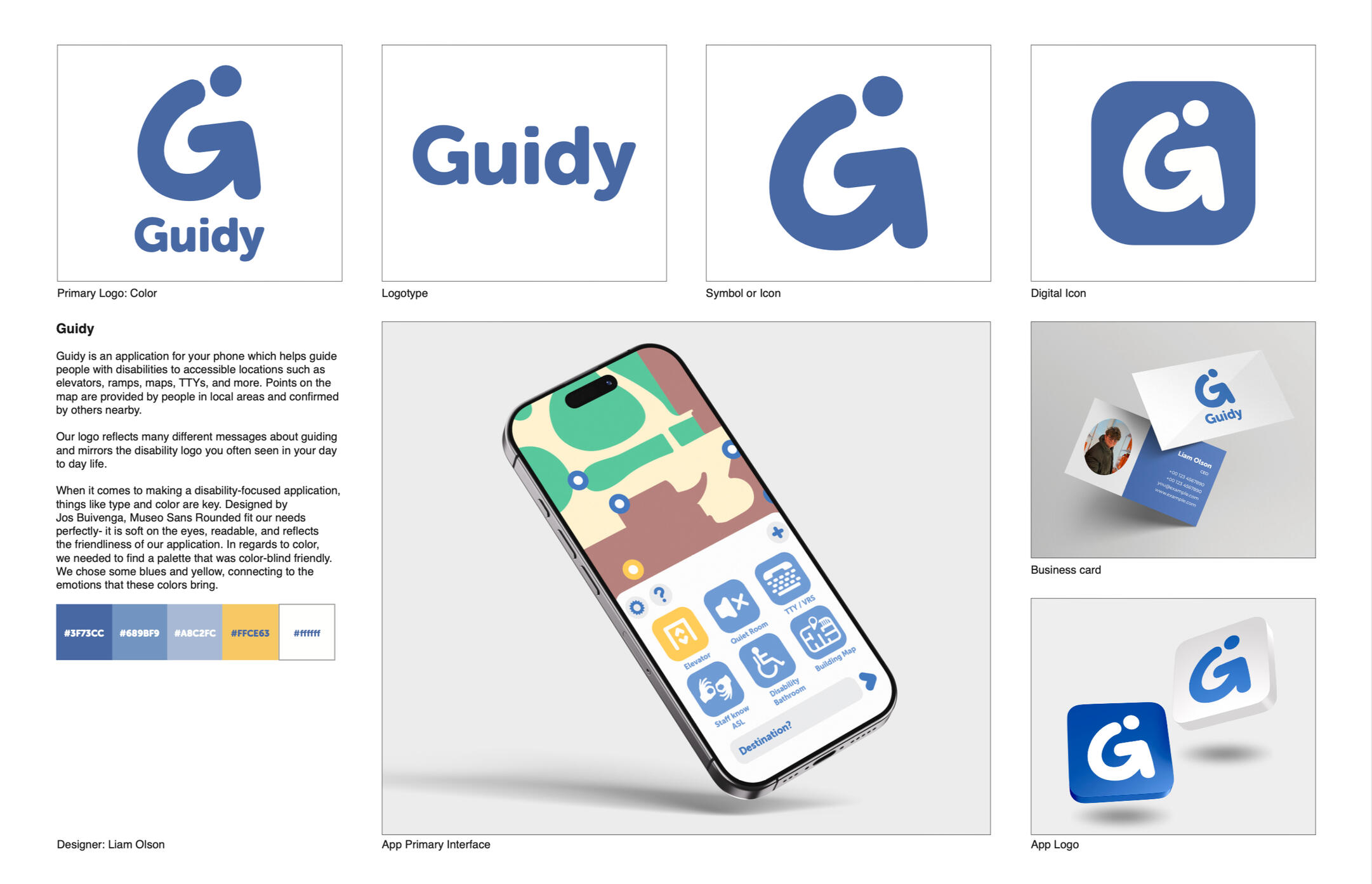 A mock-up showcasing a 'Guidy' app interface displayed on a smartphone, featuring an accessible map with navigational icons for locations, alongside branding elements such as the primary logo, symbol, and a business card mockup.