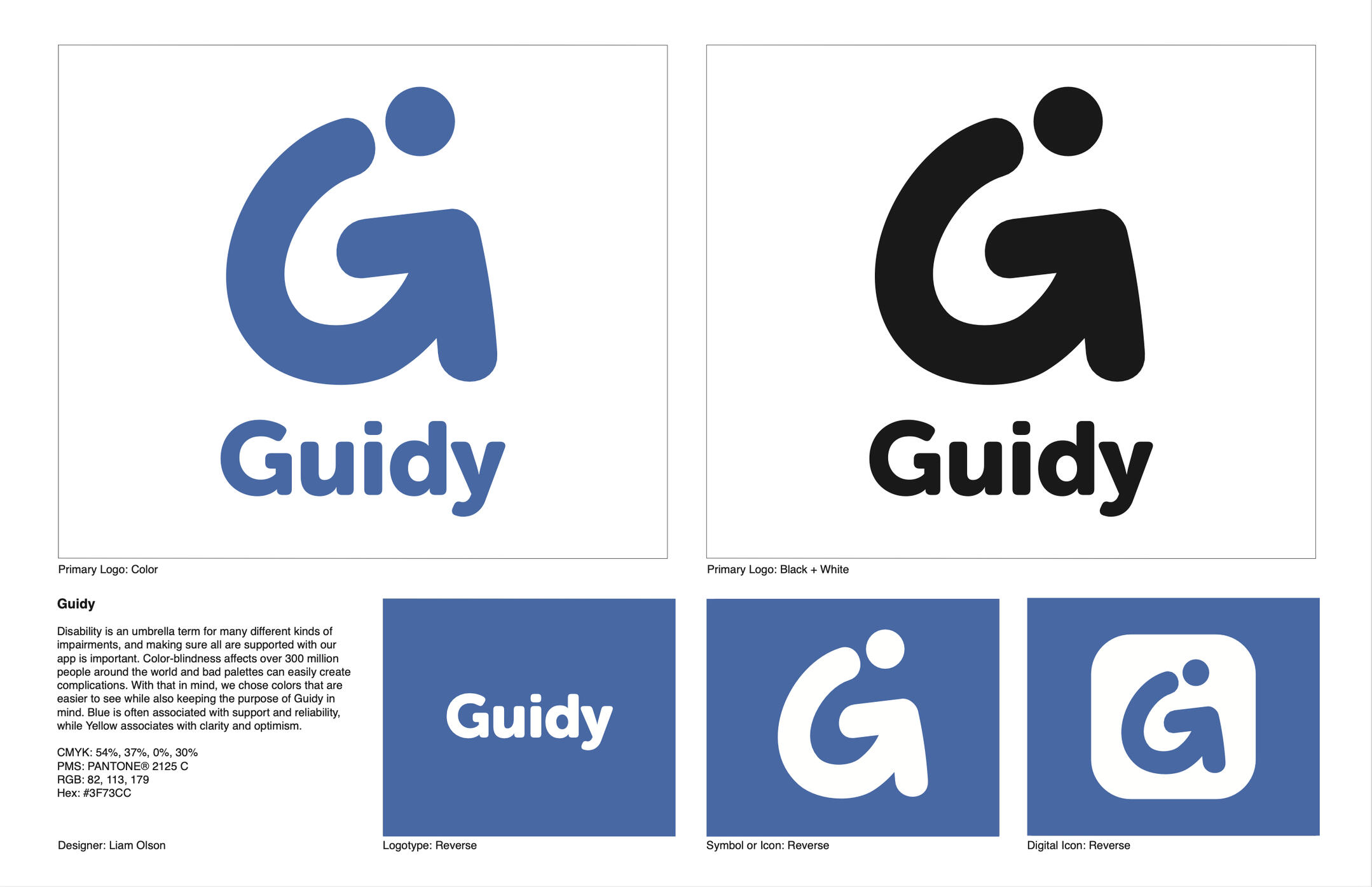 Multiple variations of the "Guidy" logo in color and black and white, including the main logo in blue and the "G" icon, along with variations for different applications like the logotype, symbol/icon, and digital icon.