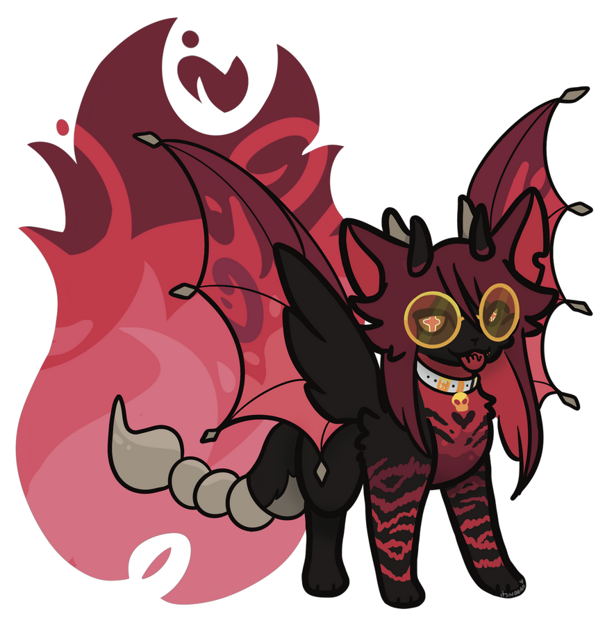 Red-Black character with bat wings, enflamed scorpion tail, yellow eyes and horns.
