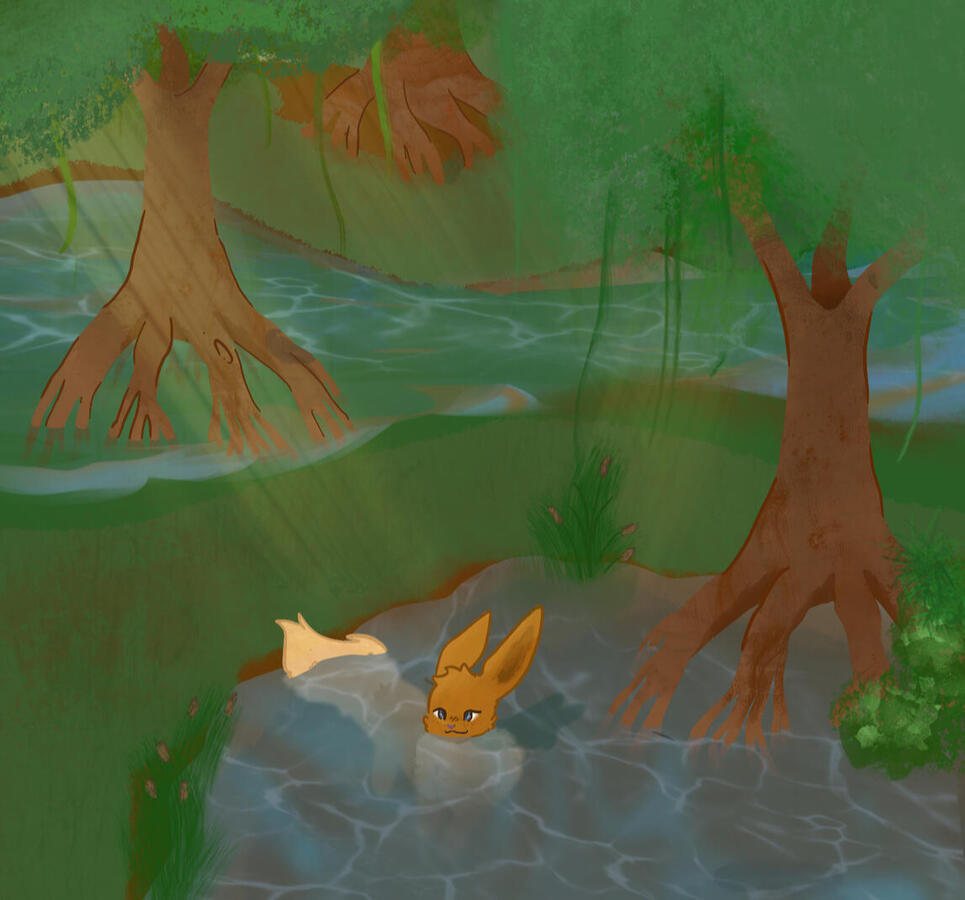 Eevee swimming in a river within a swampy-like setting, rays of light shining above breaking through trees.