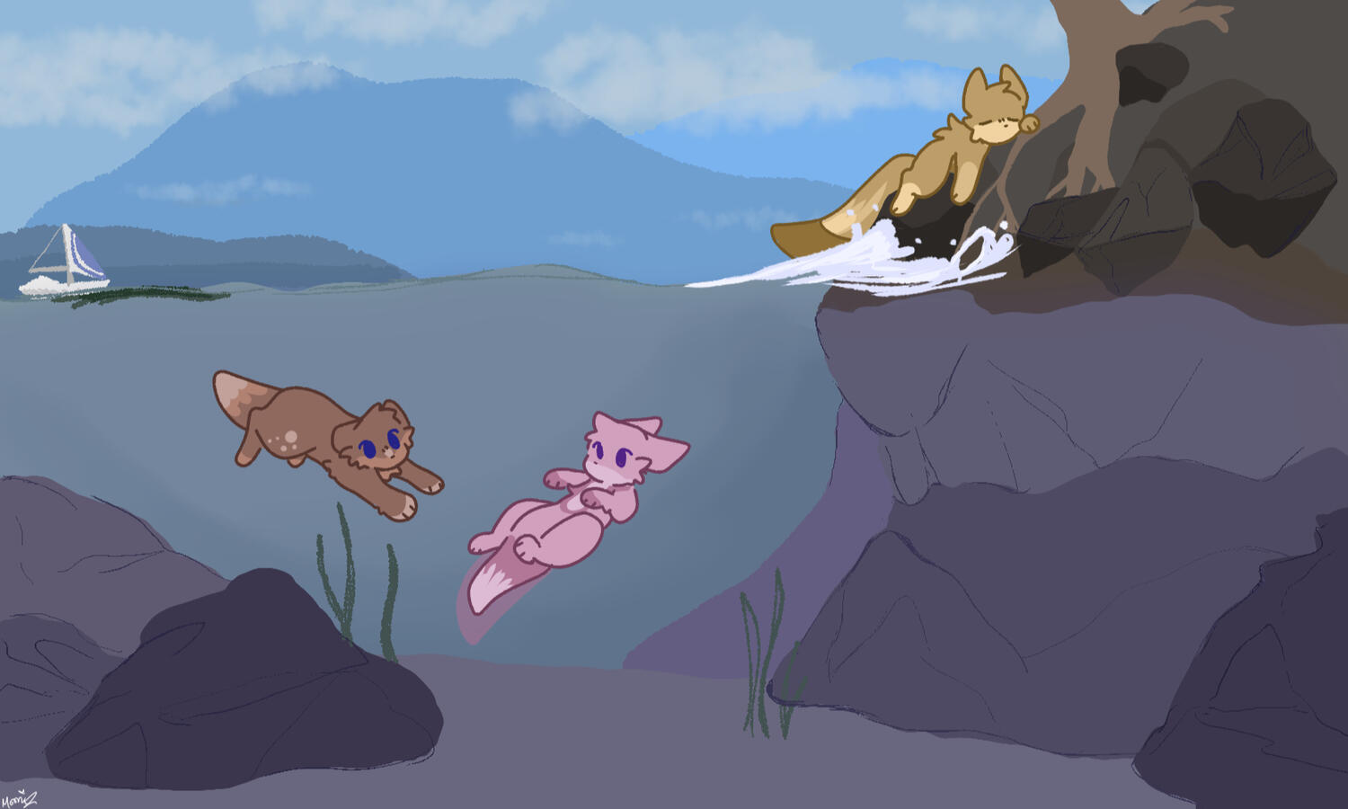 A split scene both underwater and above, with 3 cat-otter-like characters. 2 of the characters, one pink and another brown are swimming in the water among stones and seaweed. Another yellow character is resting on the shore.