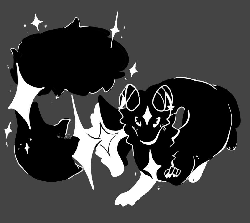 2023 A long Black and White creature with horns and a star-esqe theme. It stairs directly at the viewer and is floating/in motion.
