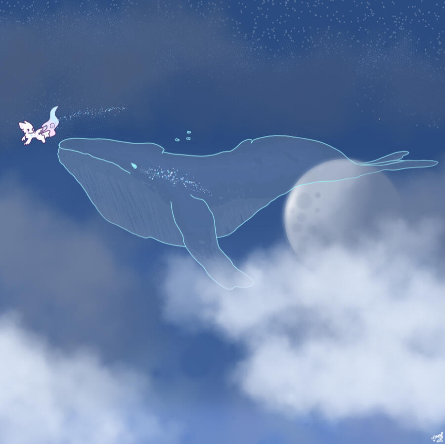 A translucent blue whale floats in a cloudy night sky near a large moon, with a small, whimsical white-pastel creature approaching guiding it.