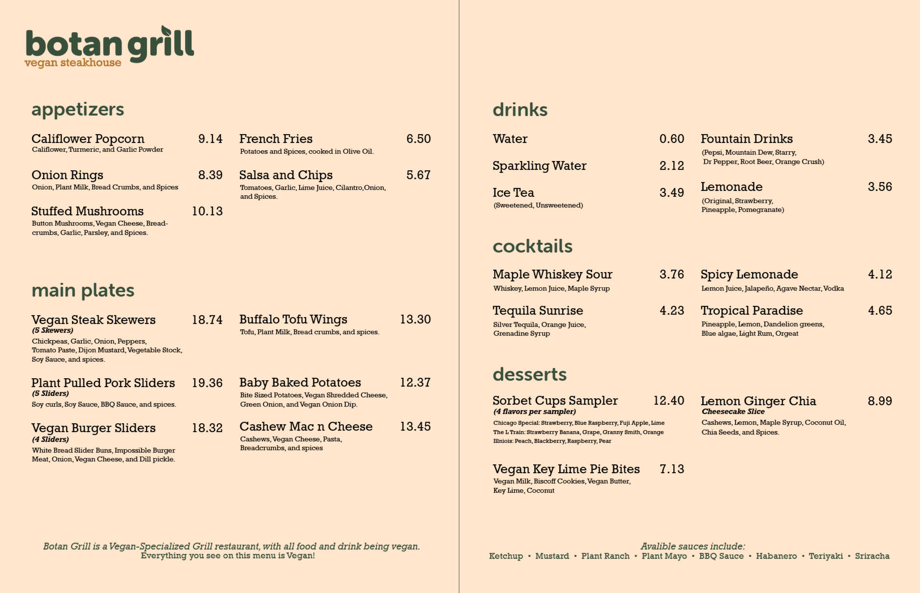 Menu for Botan Grill, a vegan restaurant, featuring appetizers, main plates, drinks, cocktails, and desserts, with dish descriptions and prices listed.