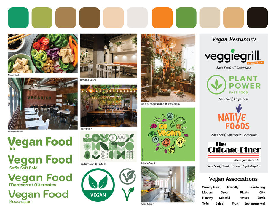 Moodboard with a color palette and images related to vegan food and restaurants, including logos, restaurant interiors, food photographs.