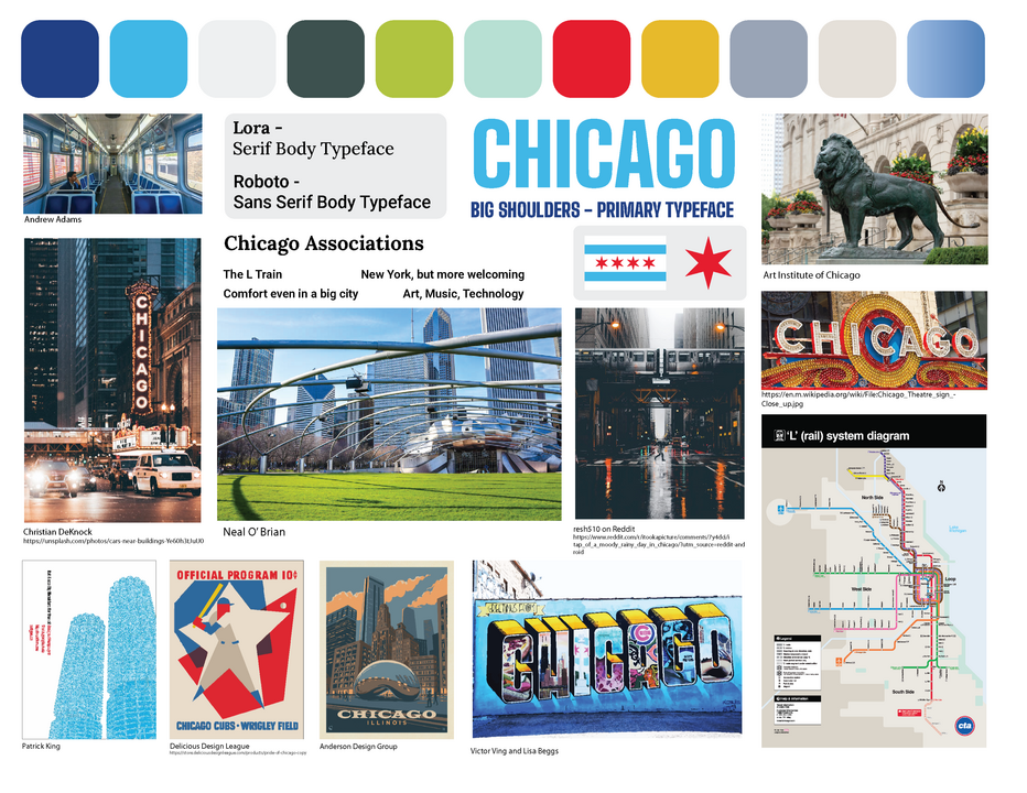 Moodboard about Chicago, featuring images of the city's architecture, public transportation, art institute, and cultural symbols, along with color swatches and typography examples.