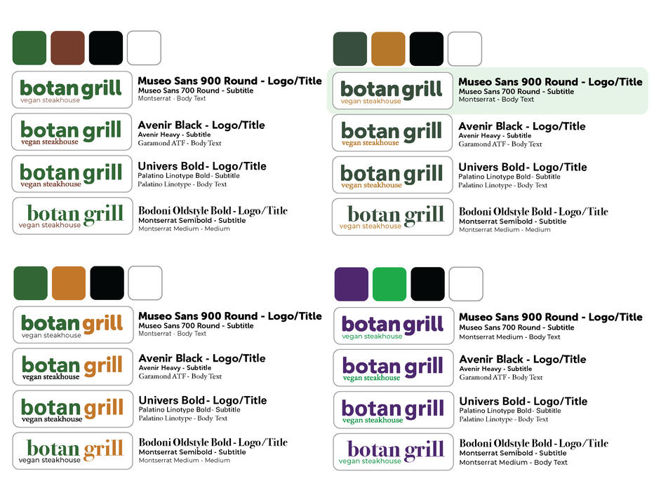 A design concept showing the "Botan Grill" logo in various fonts and color schemes, with each configuration placed above its associated text detailing the font choices for the logo and subtitle "vegan steakhouse". The color schemes vary across the design.