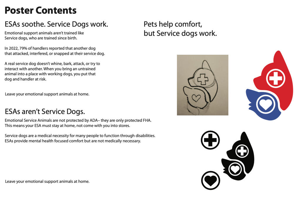 Poster ideations between Emotional Support Animals and Service Dogs. Features a potential logo and highlighting key differences between ESAs and Service Dogs.
